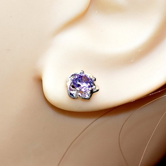 Earrings Faux Amethyst Faceted Glass Silver Plated Setting Ear Studs Birthstone - Picture 4 of 4